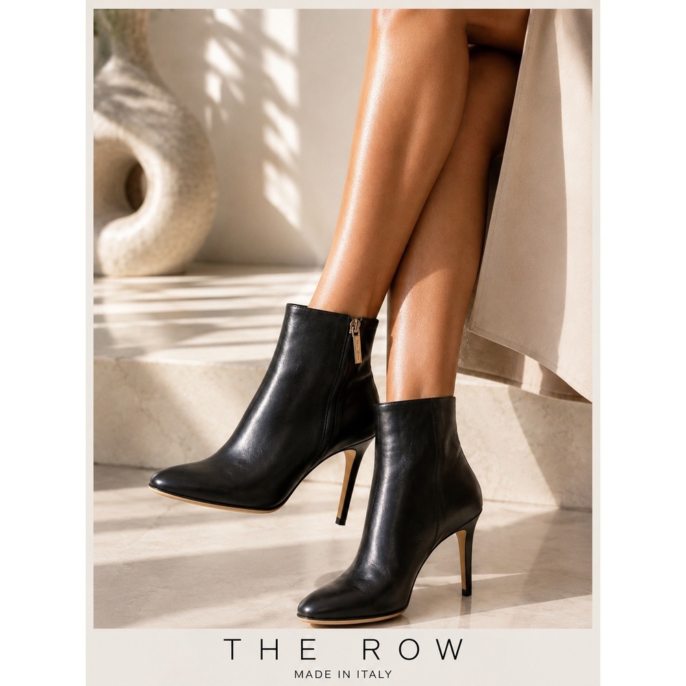 The Row Black Leather Pointed Toe Ankle Boot Stiletto Heel Size 40 Made in Italy
